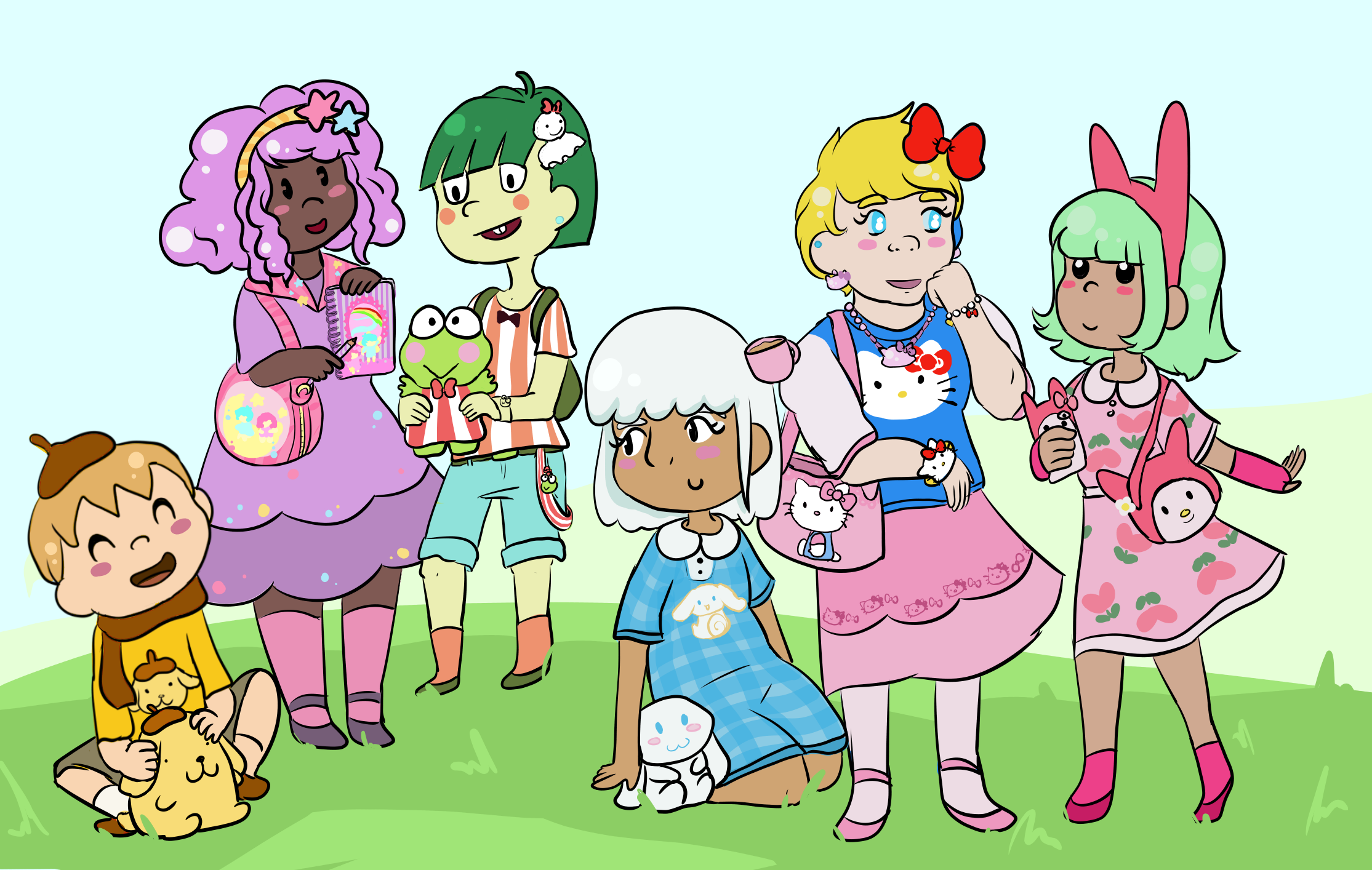 Fanart of humanized Animal Crossing characters from the Sanrio collaboration