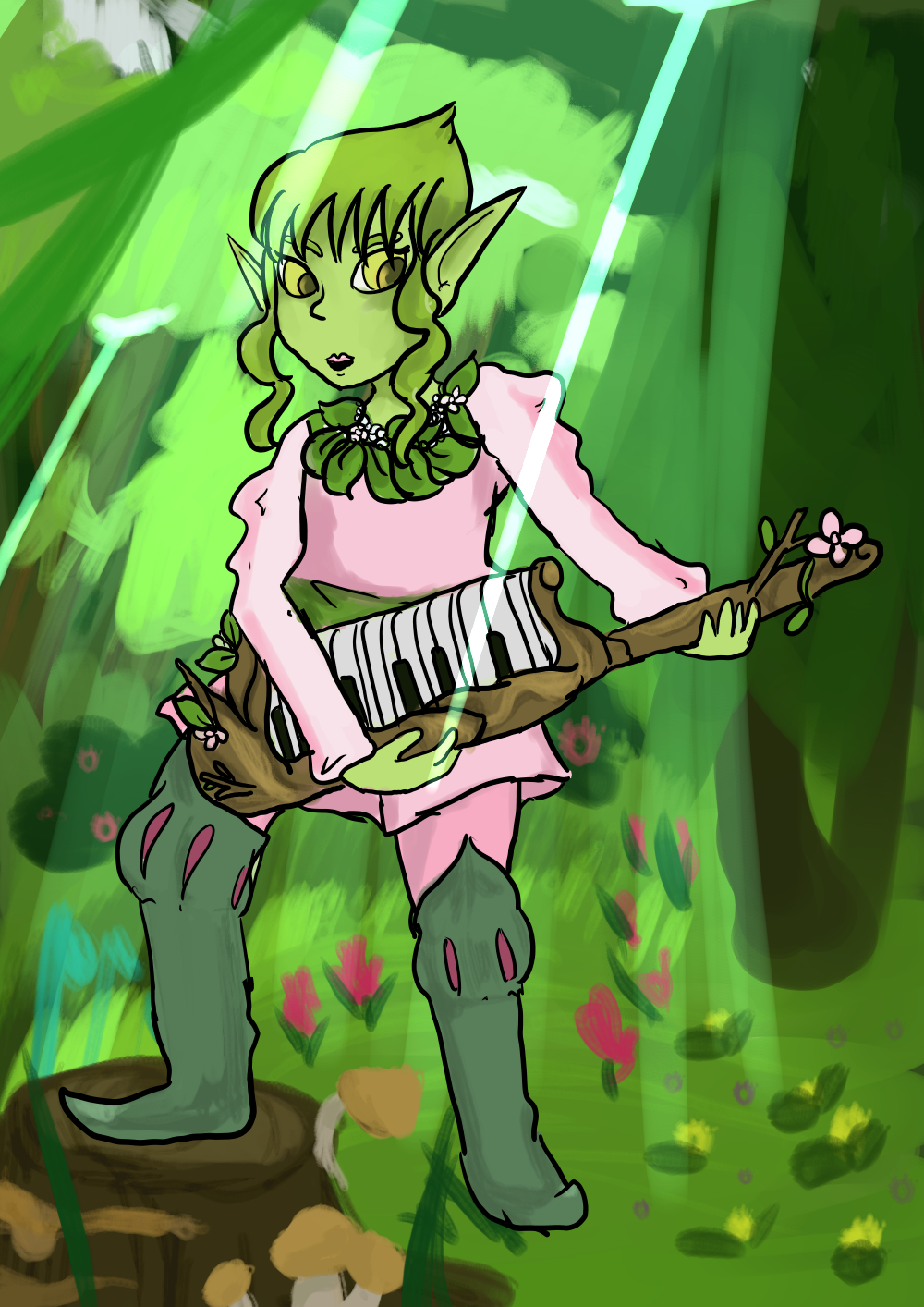 Commissioned image of an elf bard original character from a tabletop RPG