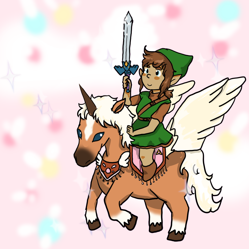 Art of my original character fem version of Link, riding a pegasus Epona, from The Legend of Zelda series