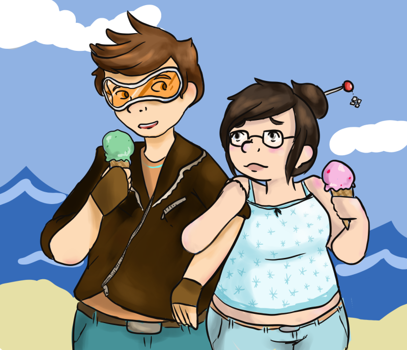 Fanart of Mei and Tracer from Overwatch eating ice cream together